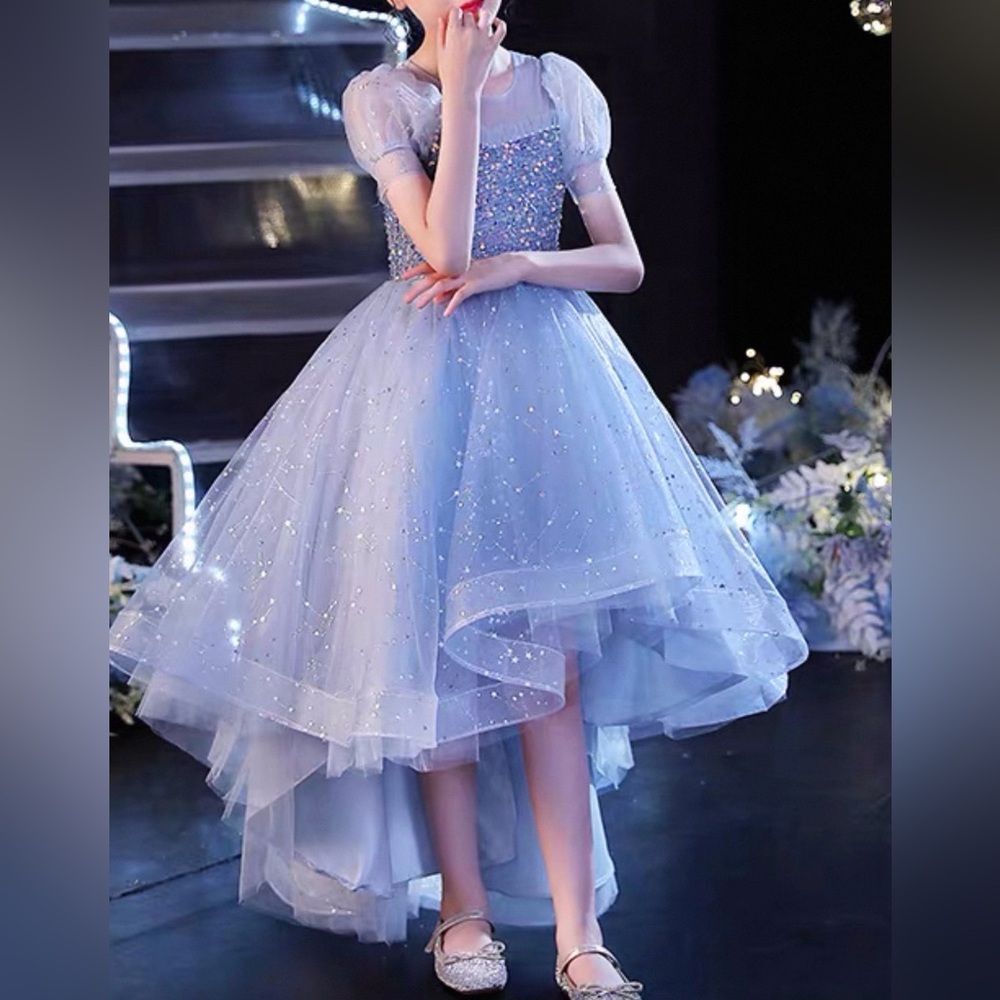 Sparkling Light Blue High-Low Tulle Party Dress